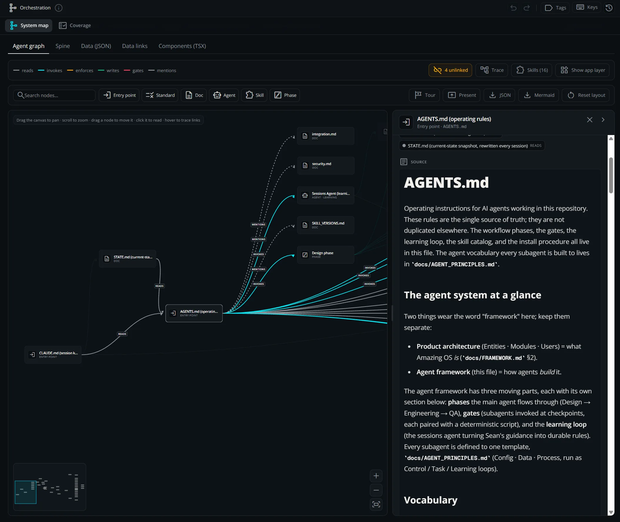Architecture diagram of AmazingOS: an admin cockpit and AI development layer over shared platform services, a file-backed data store, and three public sites
