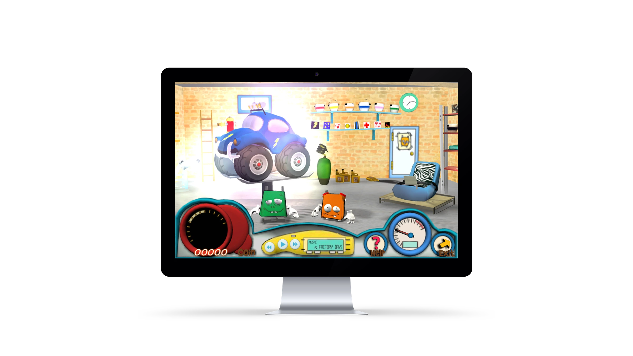 Booster Buddies: Safety Town — in-game scene with the cardboard-box characters and a blue car on a workshop lift