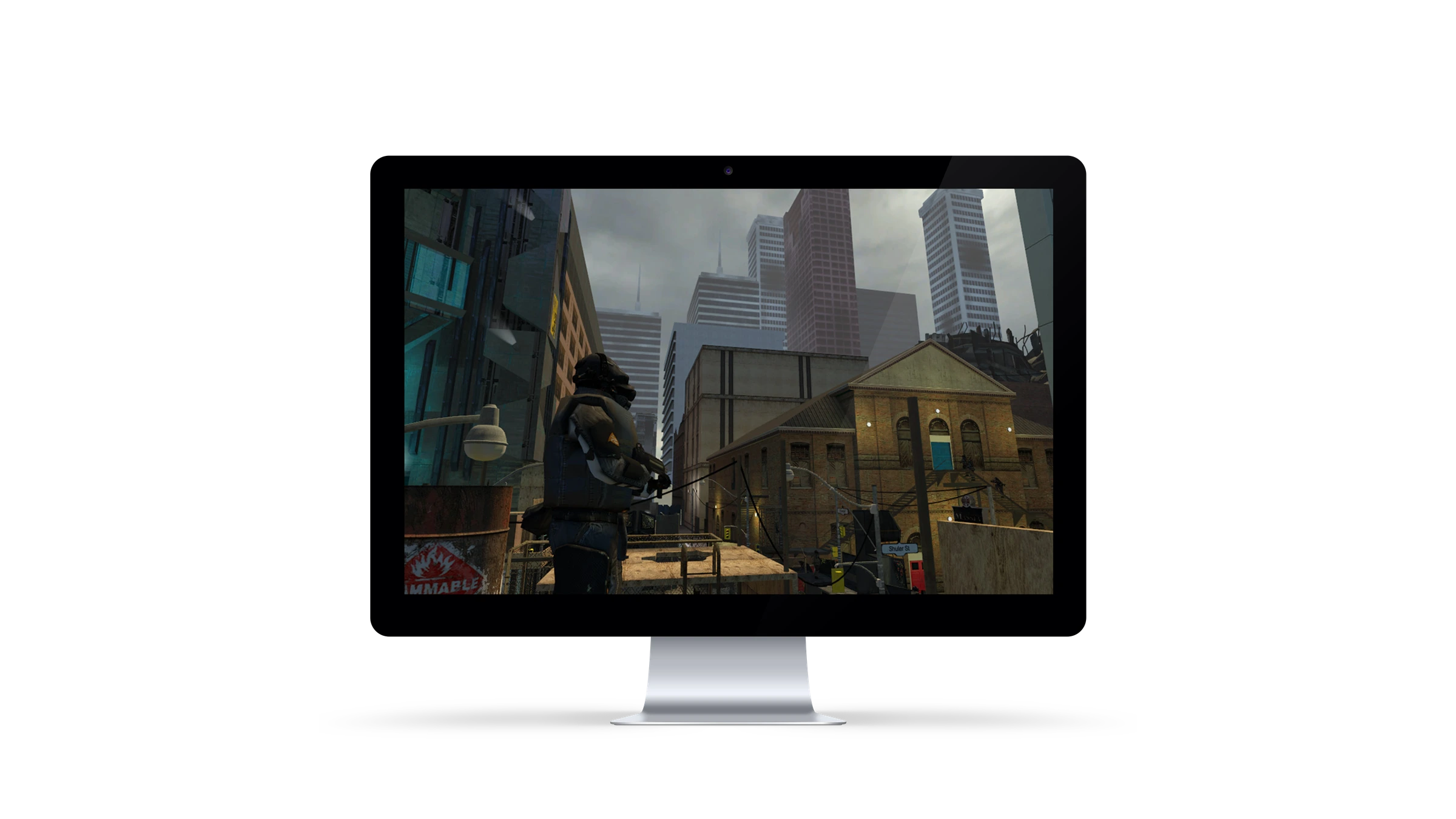 City 7: Toronto Conflict — a Combine soldier overlooking a dystopian Toronto skyline near Shuter Street