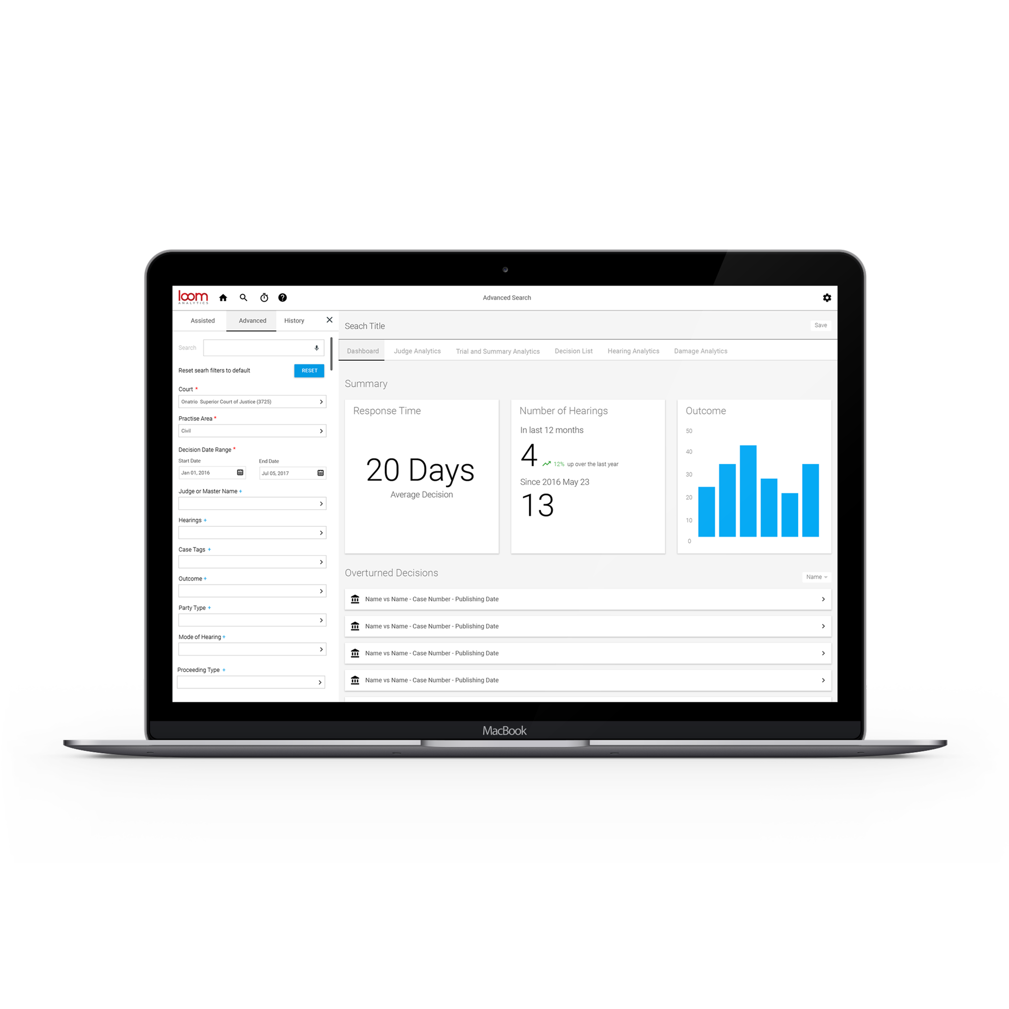 Loom Analytics - Advanced Search dashboard with response time, hearings count and outcome chart on a MacBook