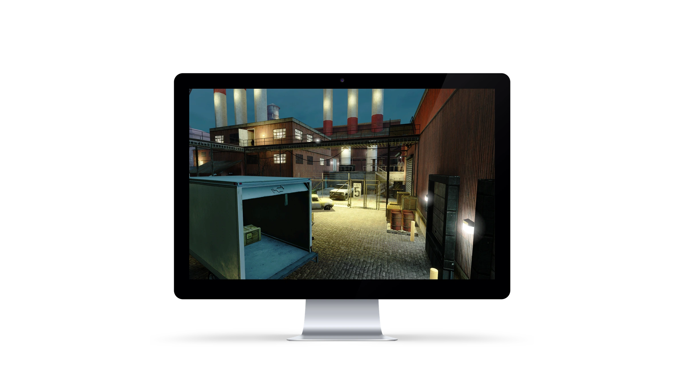Operation Broken Belt - industrial gate-five courtyard with smokestacks and trucks, shown on an iMac