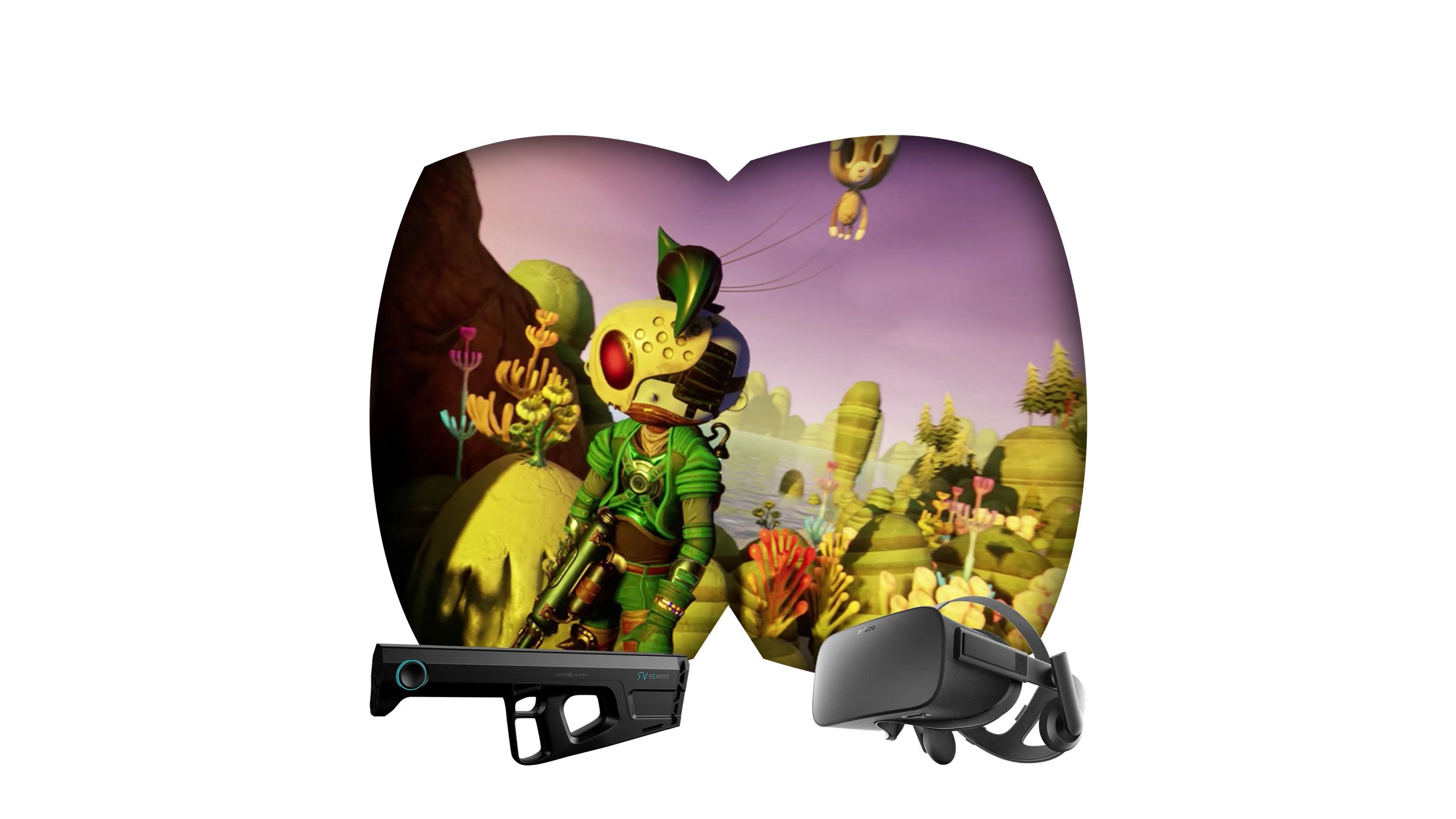 Scarygirl VR Mission Maybe - in-headset view of Scarygirl in the alien garden landscape, with Striker VR rifle and Oculus Rift