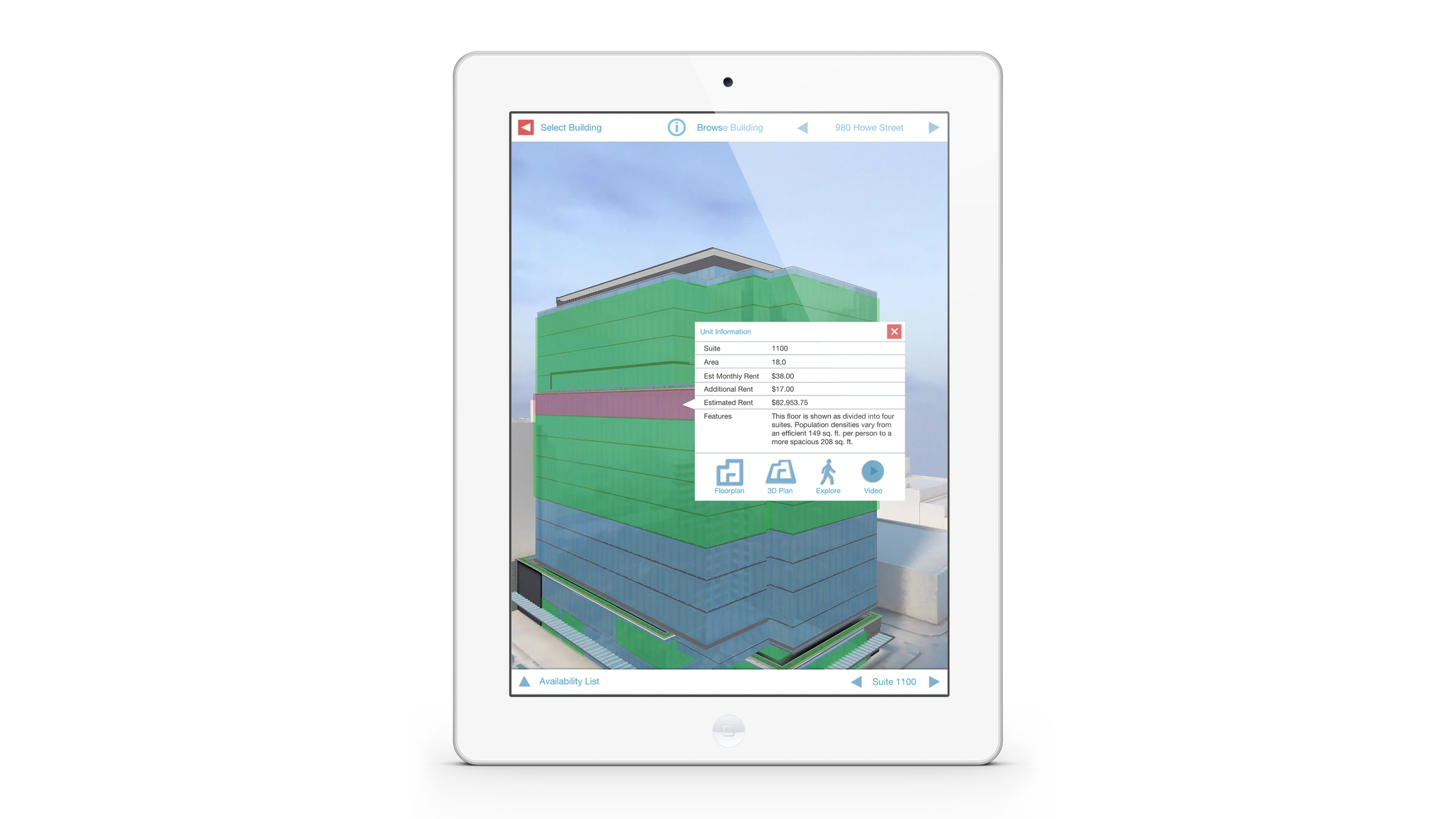 Space 3D - iPad showing the Browse Building view with Suite 1100 unit info, floorplan, 3D plan, explore and video options