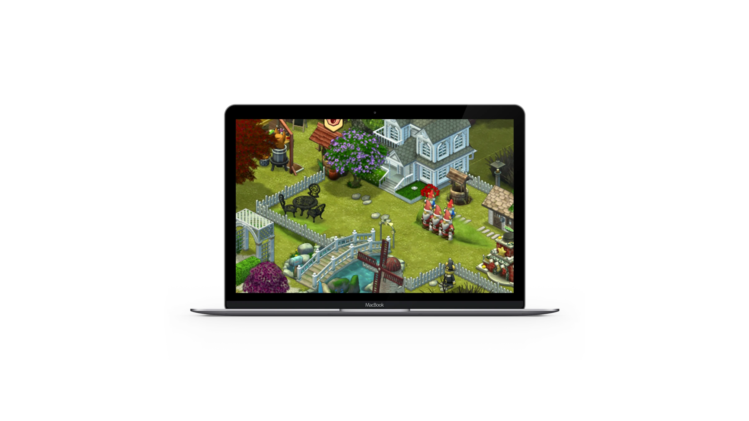 Tail Town and Friends - isometric town scene with the player house, pond, windmill, gnome figures and gardens