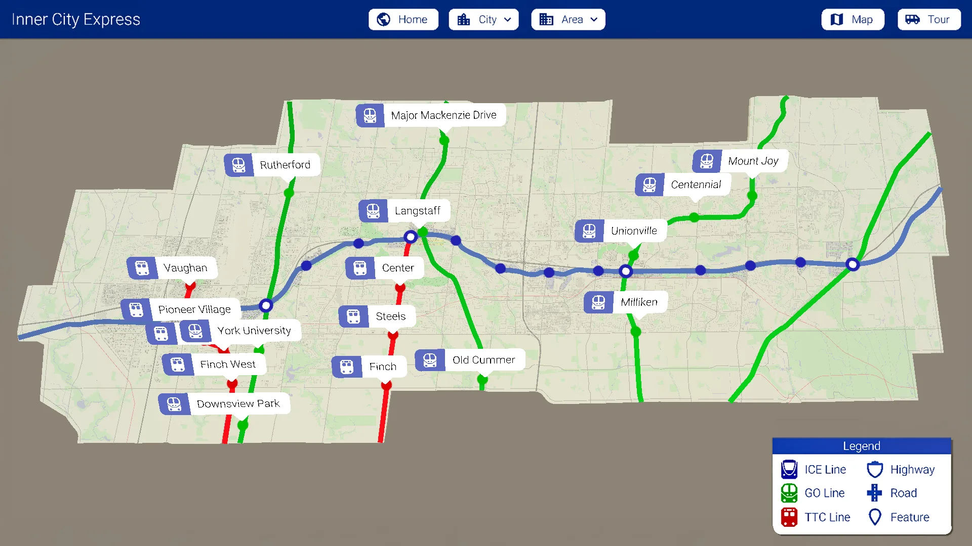 Inner City Express interactive transit map with stations, lines and area navigation